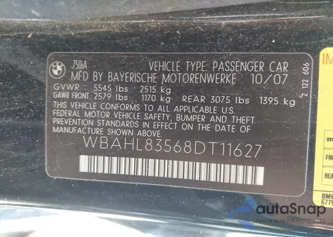 2008 BMW 750I из США, поврежденный, VIN WBAHL83568DT11627